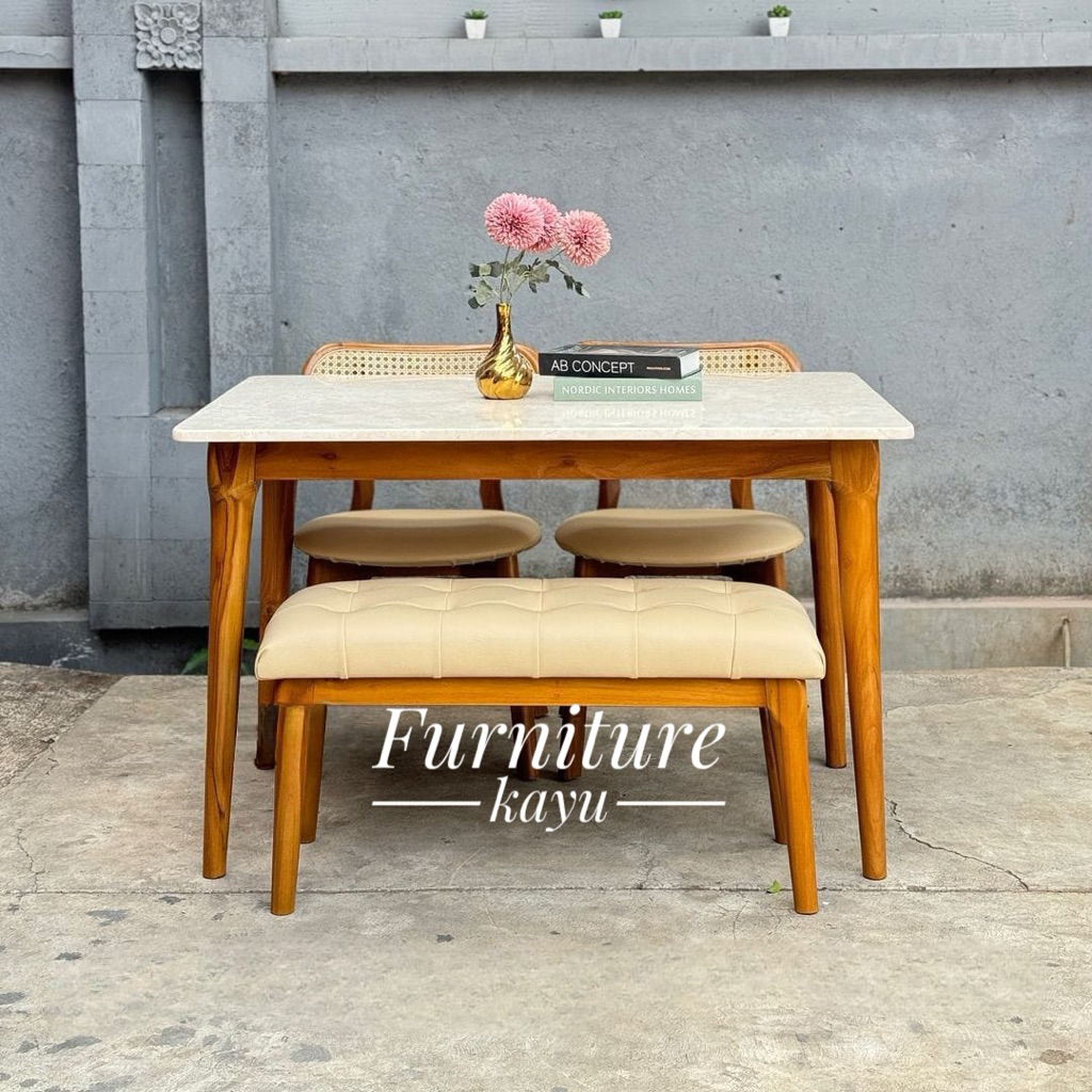 meja makan minimalis kayu jati, meja makan marmer, set meja makan marmer murah kayu jati