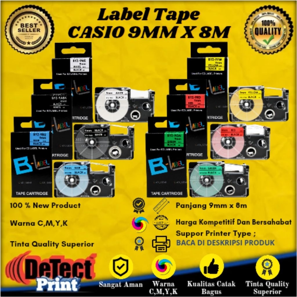 

Label Tape Casio BYZ 9mm x 8m Compatible BYZ 9ABK, BYZ 9WE, BYZ 9WU, BYZ 9YW, BYZ 9RD, BYZ 9GN