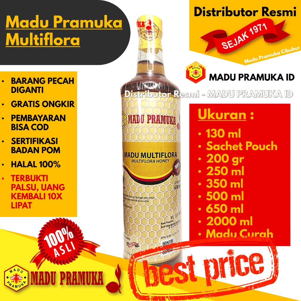 

Madu Pramuka MULTIFLORA 130 ML 200 GR GRAM 250 ML 350 ML 500 ML 650 ML 2000 ML 2 L Liter Sachet Pouch Curah - Asli Original Alami Murni Murah - Resmi Official Store Star Seller