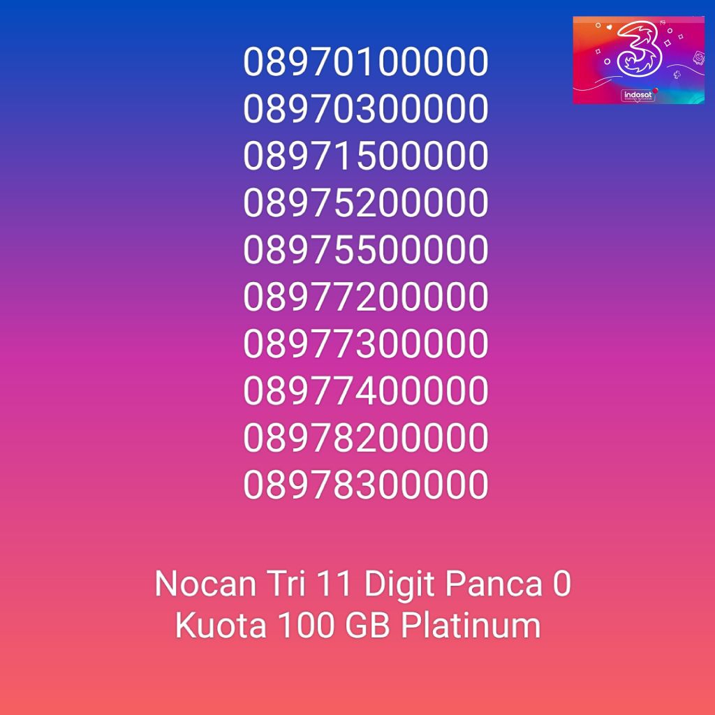 Nomor Cantik Nocan Panca 0 Kartu Perdana Tri Three 4G LTE Kuota 100GB Prabayar Platinum