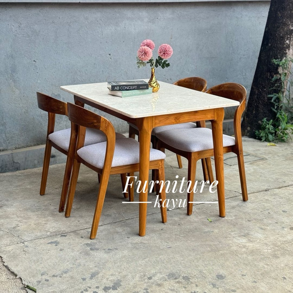 set meja makan kayu jati, meja makan murah kayu jati, meja makan marmer kayu jati