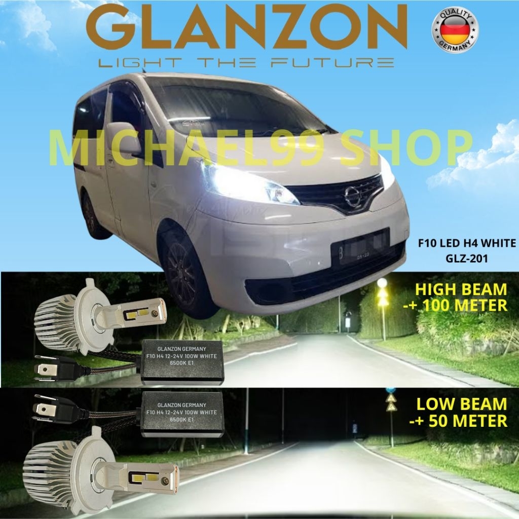 LAMPU LED MOBIL NISSAN EVALIA H4 12V 100WAT GLANZON GERMANY ORIGINAL OEM - LAMPU HEADLAMP LED EVALIA
