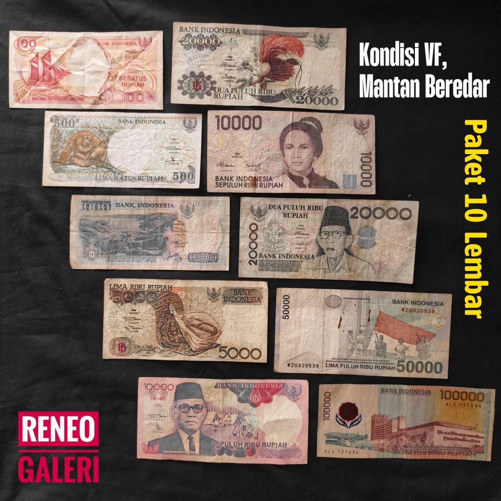 Paket 10 lembar VF Tahun 90an asli set uang kertas kuno duit jadul lawas lama Indonesia 1990an origi