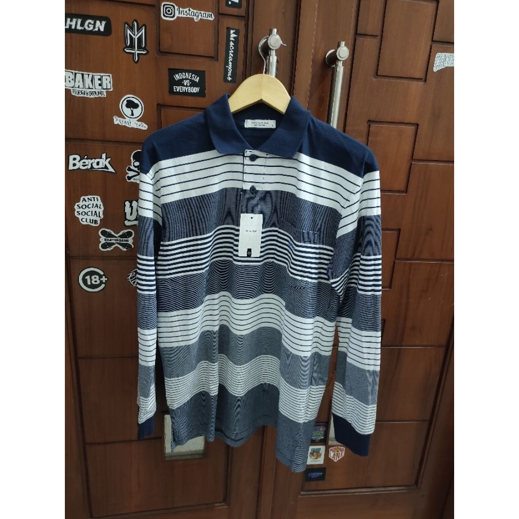 Kaos Kerah/Polo Pria Hassenda UK S-L Lengan Panjang Variasi Garis" Biru, Motif H, 100%Original