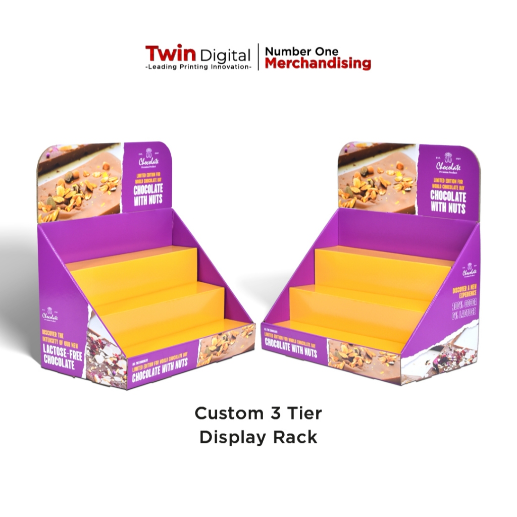 

Twindigital Custom POS 3 Tier Display Rack - Cetak Counter Display Corrugated Edisi Chocolate