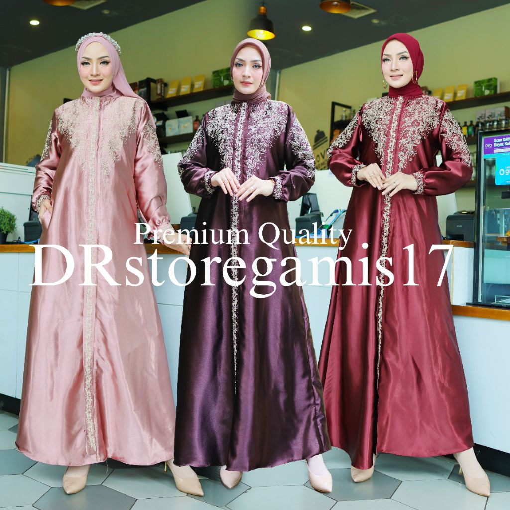 (Free Ciput) Gamis Bordir Satin Cristal Premium Quality Original Gamis Polos Bordir Gamis Satin Gami