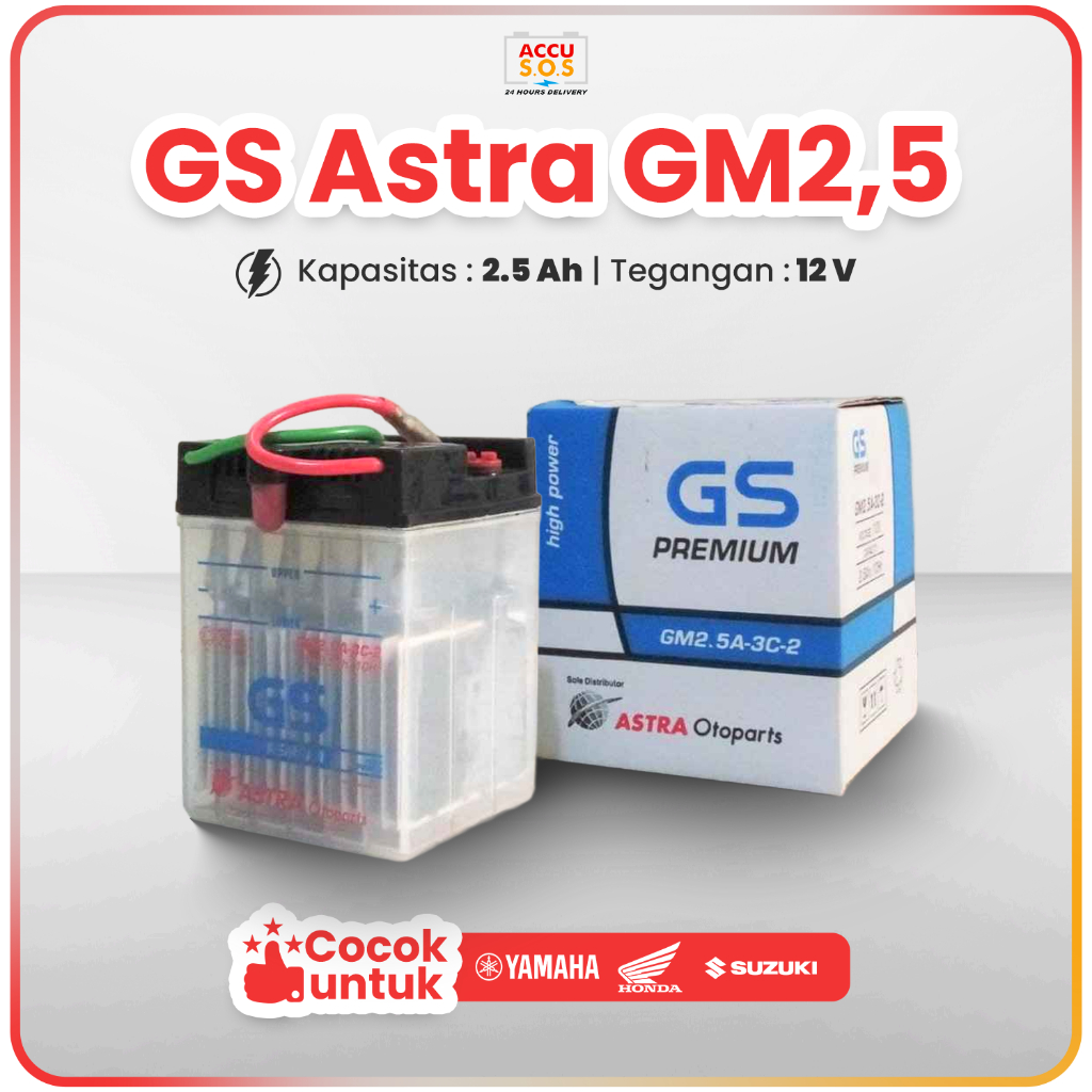 Aki Motor GS Astra GM2,5 Aki Basah untuk Honda GL Pro, Honda GL Max Honda Mega Pro, Yamaha V75 Suzuk