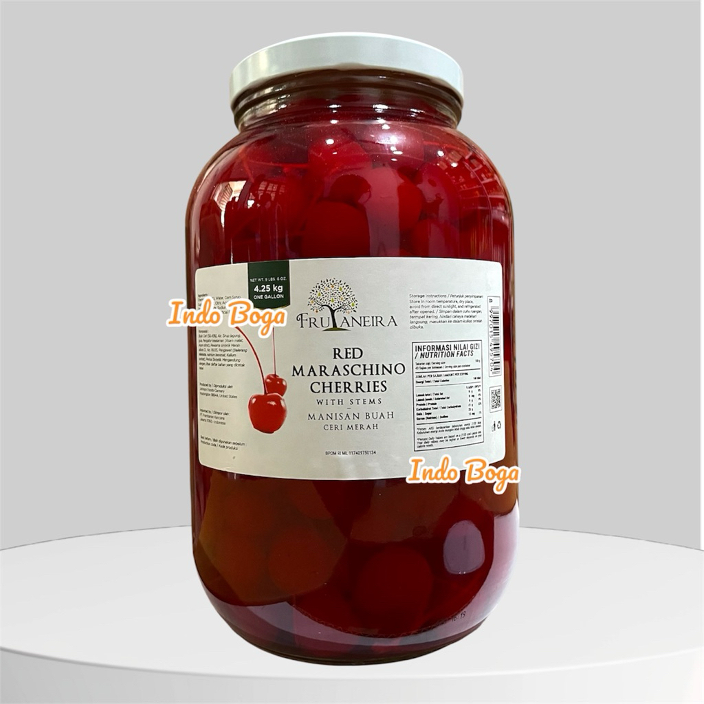 Frutaneira / Dana Red Maraschino Cherry with stem 4,25 kg / ceri tangkai merah 1 galon