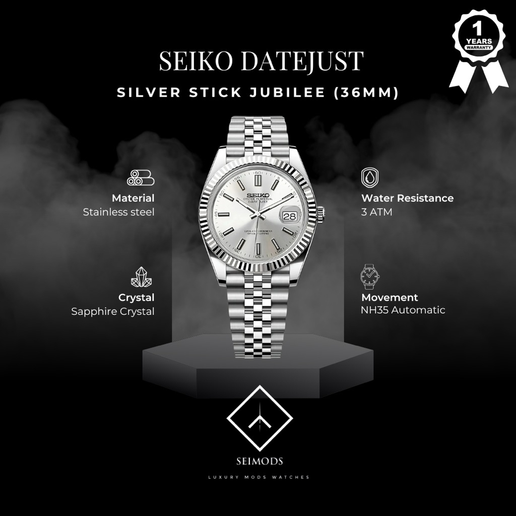 Seiko Mod Datejust Silver Stick 36 NH35 Automatic Jam Tangan Jubilee Bracelet Watch Men