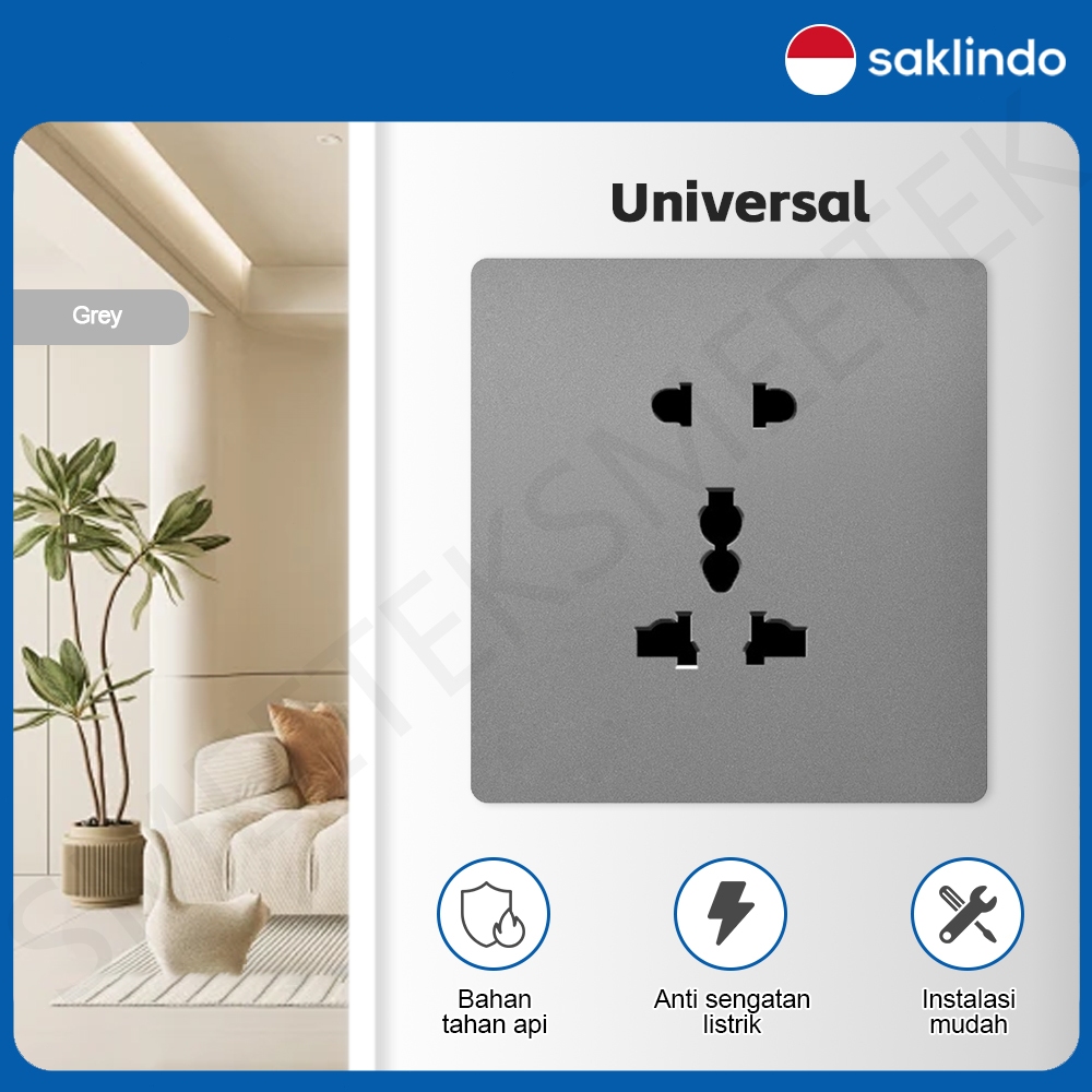Saklindo Stop Kontak 5 Lubang Soket Listrik Universal Abu-abu Stop Kontak Dinding Tempel Socket