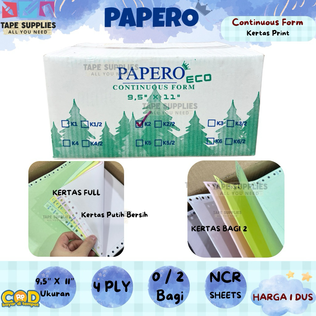 

Papero Continuous Form 9.5 x 11 Inch 4 Ply K4 K4/2 Kertas Print Dot Matrix Full & Bagi 2 Rangkap 4