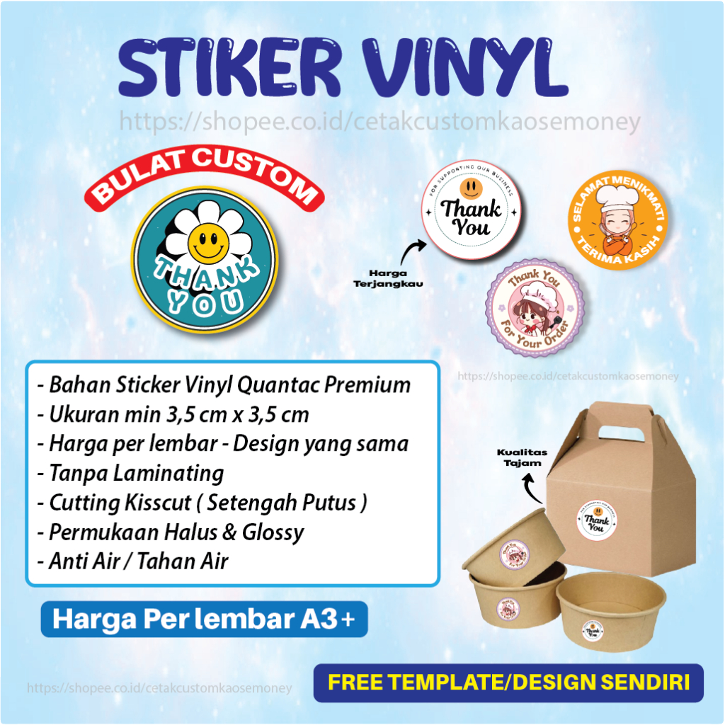 

Cetak Stiker VINYL Bulat Logo Label Makanan Custom VINIL A3+ Print Sticker Thank You Lingkaran VYNIL
