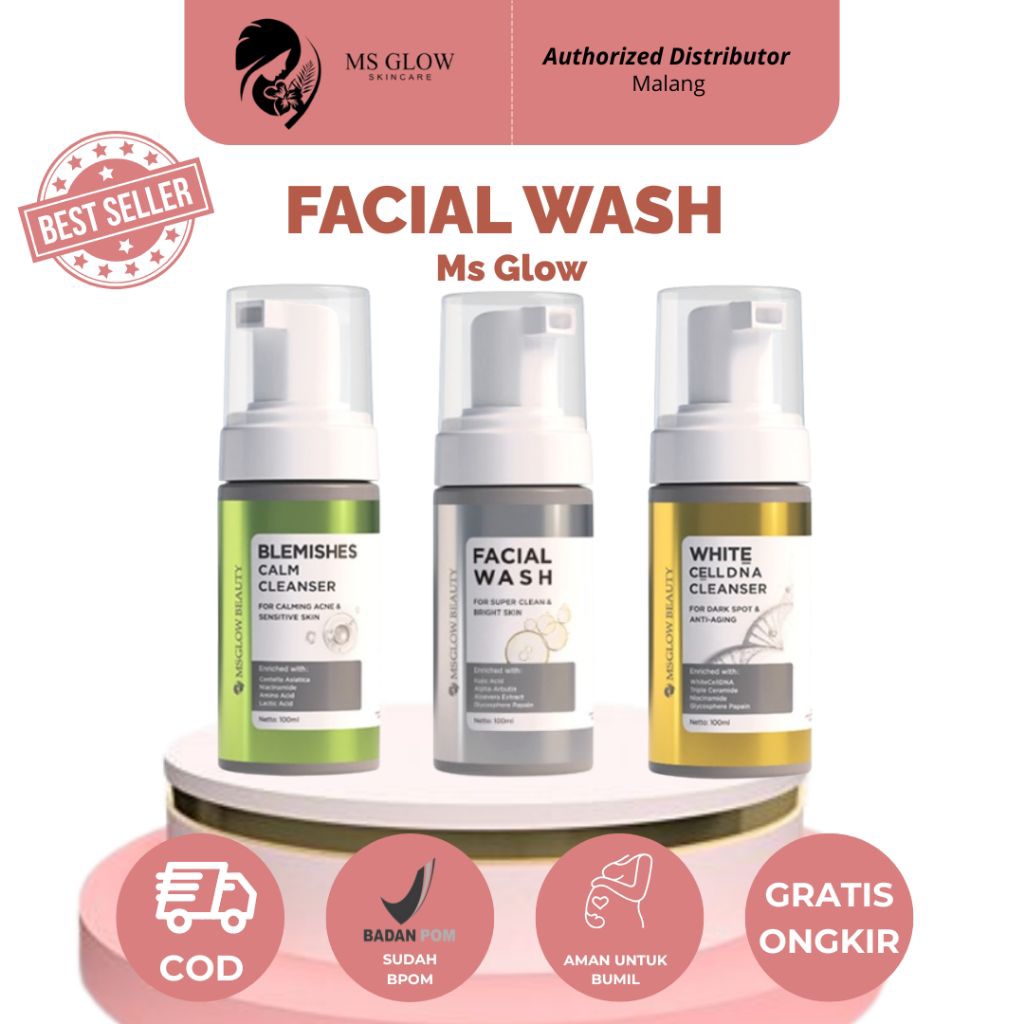 MS Glow Facial Wash Original BPOM | Sabun Cuci Muka Wanita | Blemishes Calm | White CellDNA | Pember