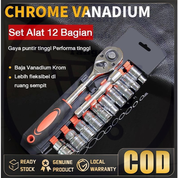 【COD】Socket Wrench SET - Ratchet Kunci Pas 12 pcs Kunci Set 1/4inci Socket Sok Multifungsi