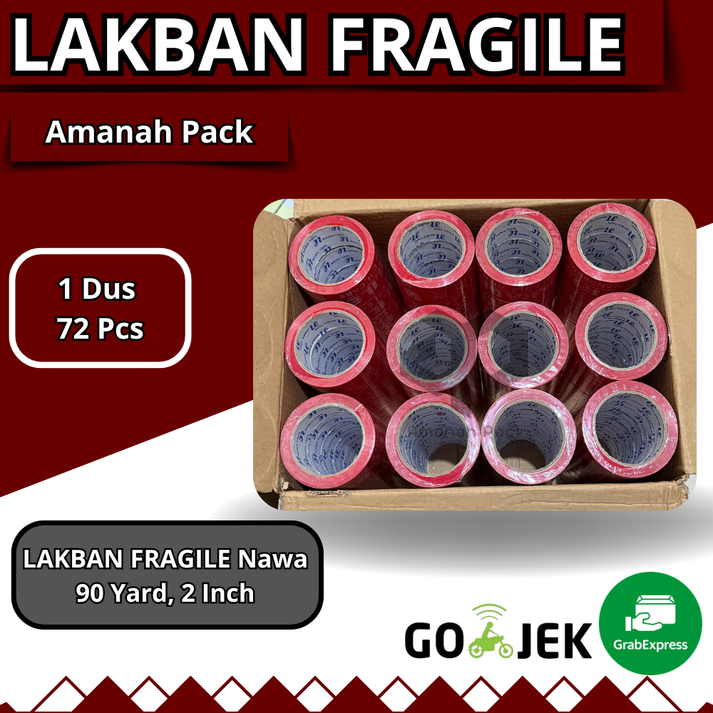 

LAKBAN FRAGILE MERAH 90 YARD X 2 INCH/48MM ( 1 Dus isi 72 Roll ) BAGUS JANGAN DIBANTING (Merek Nawa)