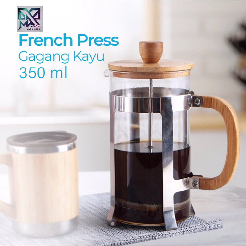 french press handle kayu 350ml / coffee tea plunger glass wooden / kopi teh maker / french press tut