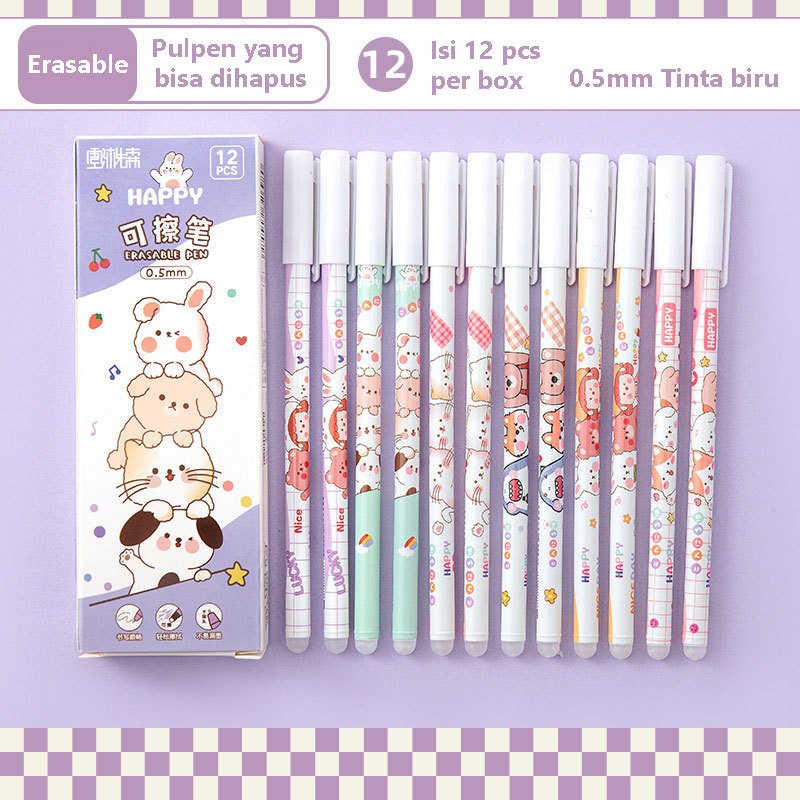 

12 buah/kotak Pena Gel yang Dapat Dihapus Ujung Jarum 0,5mm Tinta Biru Pena Lucu dengan Penghapus untuk Siswa Menulis Perlengkapan Alat Tulis Sekolah H392