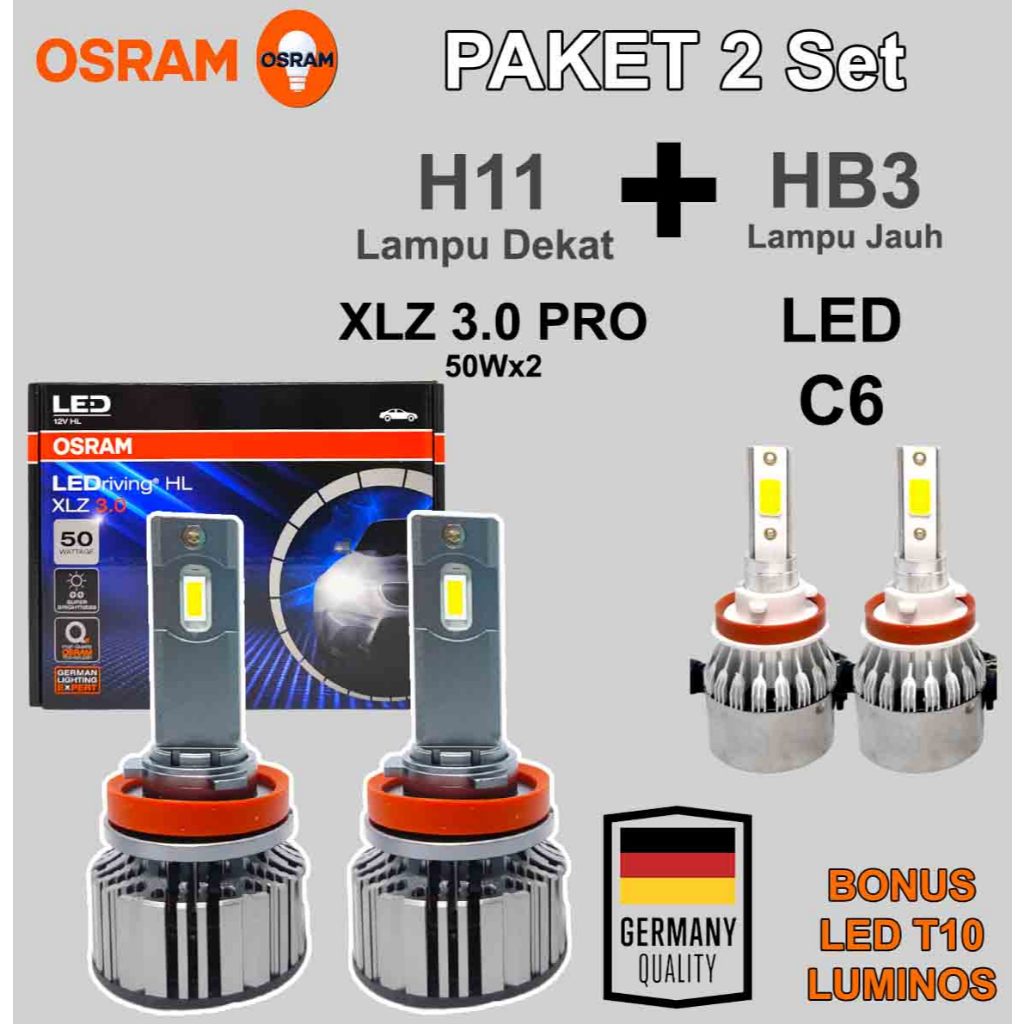 Paket Lampu LED Mobil H11 OSRAM XLZ 3.0 100W + LED C6 HB3 9005 6000K LED Putih