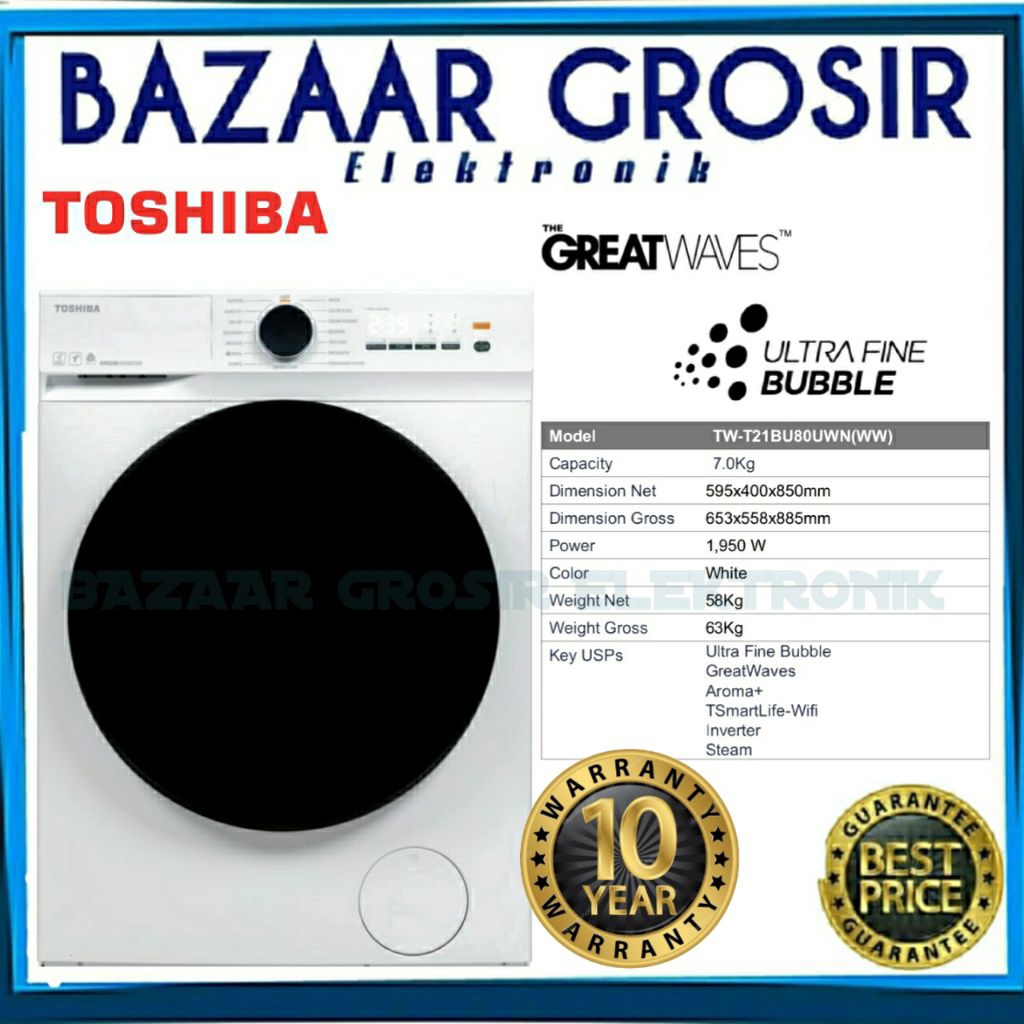 Mesin Cuci Front Loading Toshiba - TW-T21BU80UWN(WW) / TWT21BU80UWN(WW) / TW T21BU80UWN WW - TW-T21B