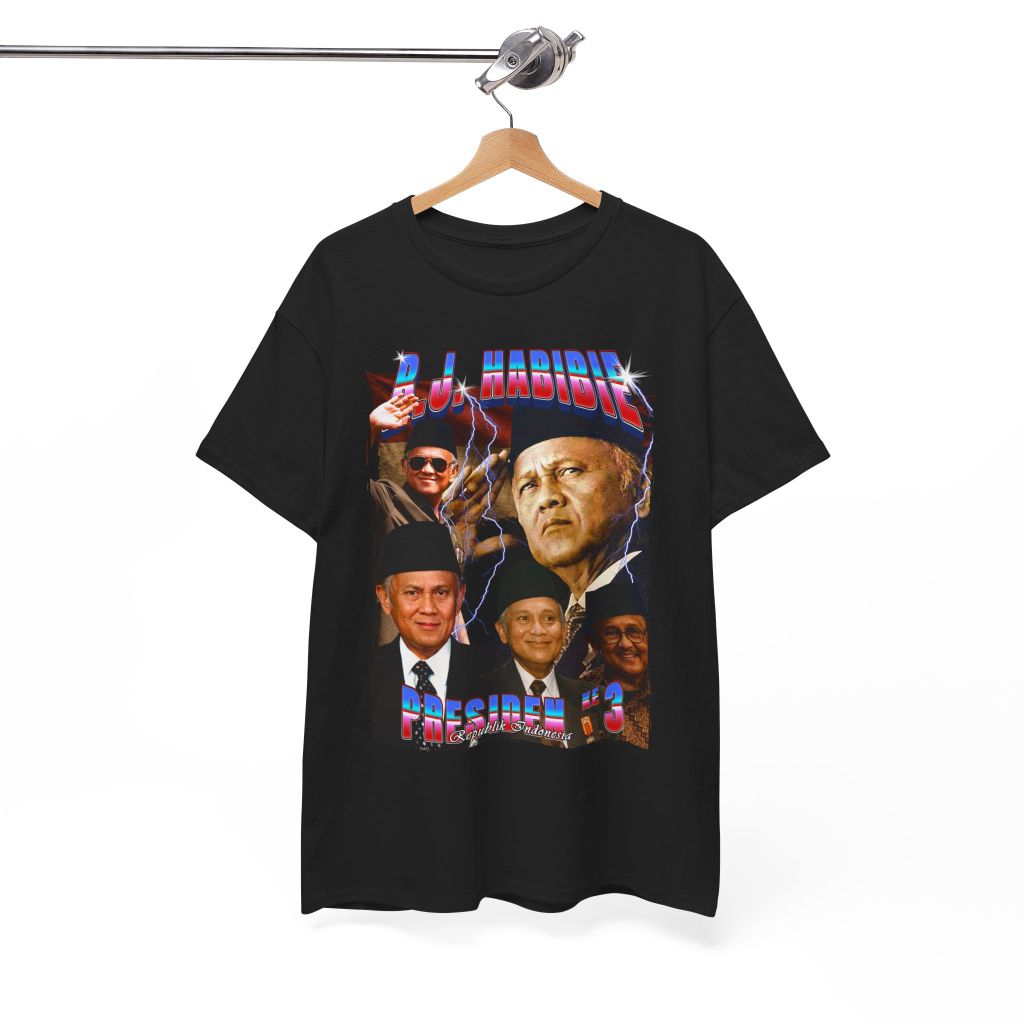 Kaos bootleg BJ Habibie Presiden RI ke 3, kaos warna hitam, kaos sisi depan