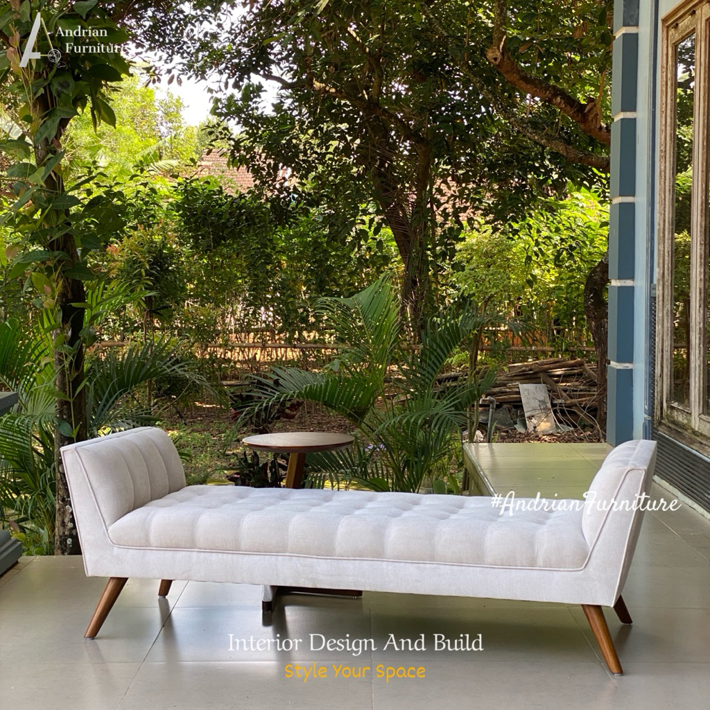 Bench Sofa Lounge Minimalis Modern Kayu Jati Fin. Fabric Rivoli