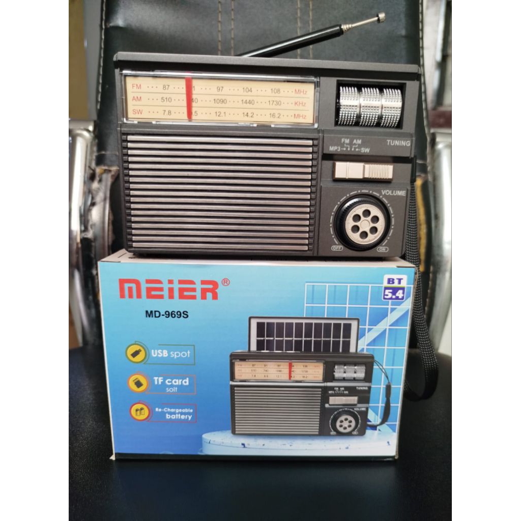 Radio MEIER MD-969S 3band (AM/FM/SW) with USB/TF/Bluetooth Music Player, Baterai solar charged