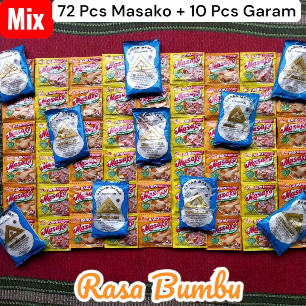 

Mix Masako 36+36 (72pcs) ayam sapi | 10 pcs garam masak beryodium cap segiti mas teknologi modern + Masako 72 mix Pcs daging pilihan bumbu rasa baru sapi ayam