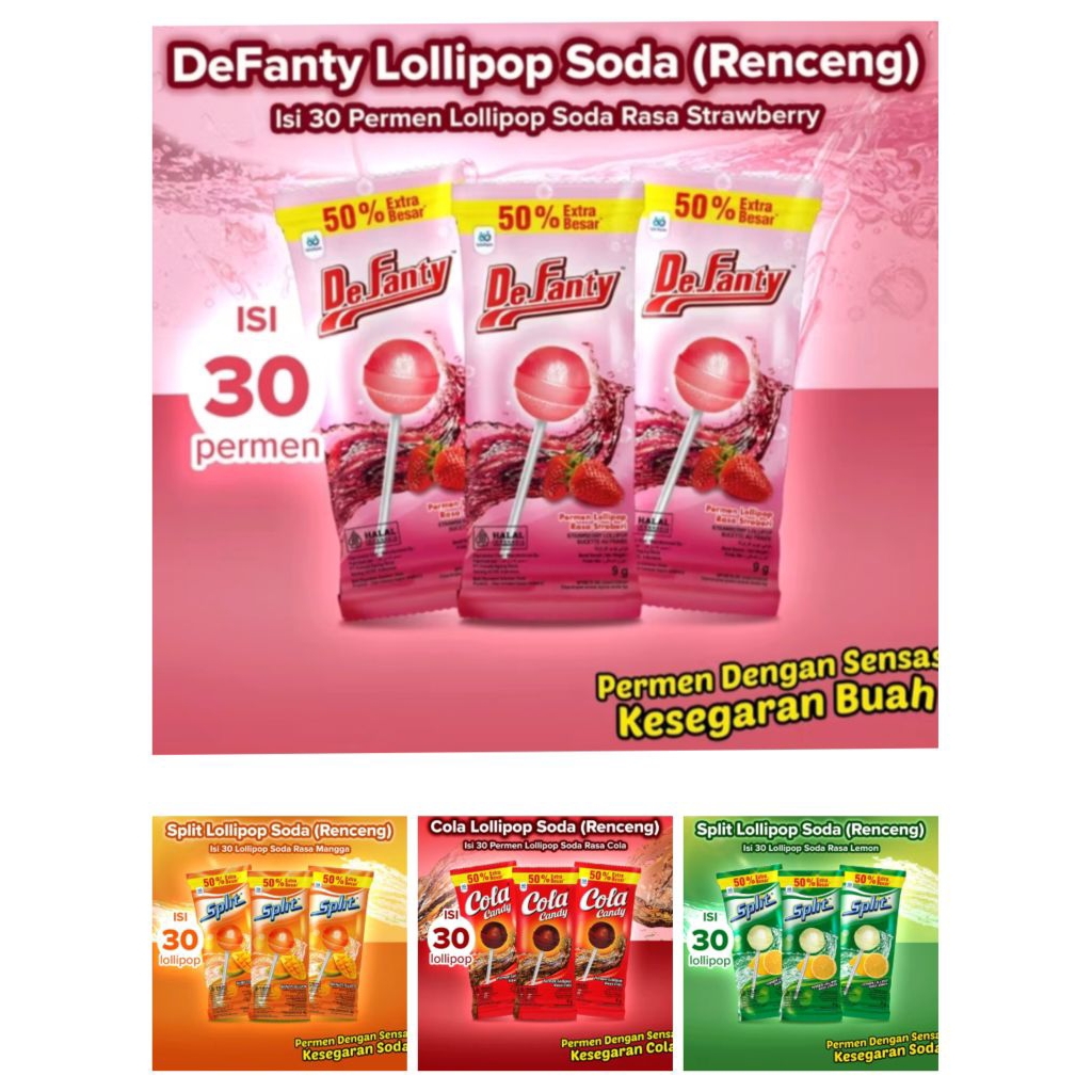 

Permen Lollipop Cola, Split Lemon, Split Mango, DFanty Loli Hanger (1Bag:30pcus) - Permen Lolipop Soda Lemon / Permen Soda / Lollipop Candy / Soda Candy / Permen Rasa Mangga / Permen Loli Renceng / Permen Jadul / Jajan Jadul / Split Lollipop / Cola Candy