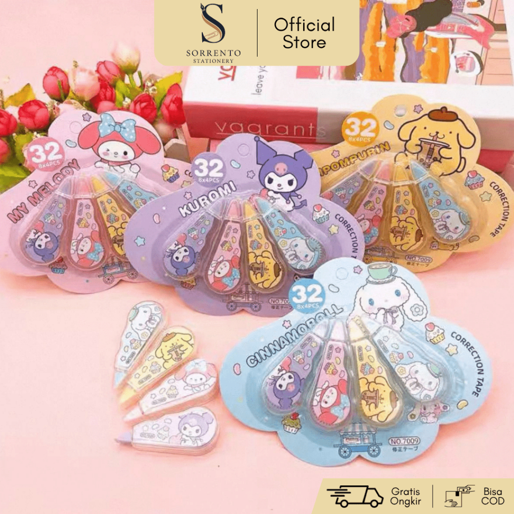 

Set 4 pcs Correction Tape Sanrio - Tipe X Kertas Sanrio Kuromi Cinnamoroll