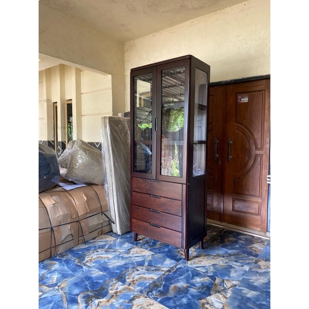 lemari pajangan minimalis - lemari kaca custom kayu jati