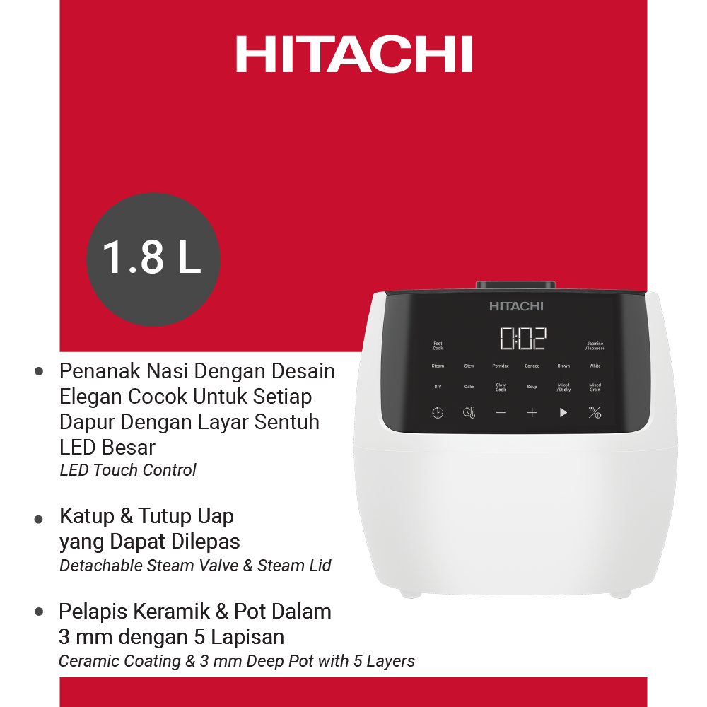 RICE COOKER HITACHI  DIGITAL 1.8 LITER WHITER Z-R18XN  New