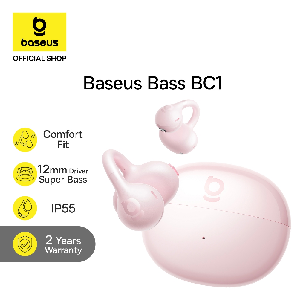 Baseus Bass BC1 Open Ear Fit Wireless Stereo 12MM Super Bass 4 Mic AI ENC Clip TWS IP55 & 38H OWS Ea