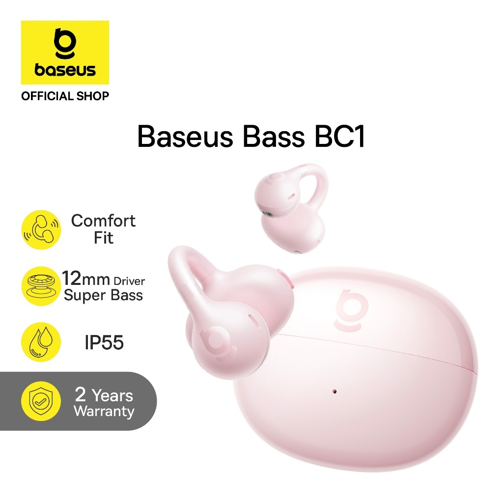 Baseus Bass BC1 Open Ear Fit Wireless Stereo 12MM Super Bass 4 Mic AI ENC Clip TWS IP55 & 38H OWS Earphone Bluetooth 6.0 Wireless Microphone