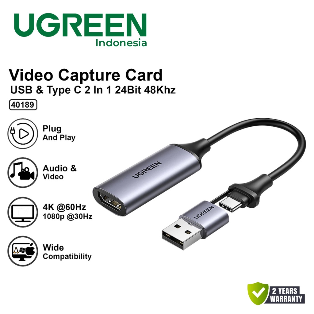 UGREEN 40189 Video Capture Card HDMI Adapter 2 in 1 Type C / USB HD 4K 60Hz Adaptor Tipe C Converter