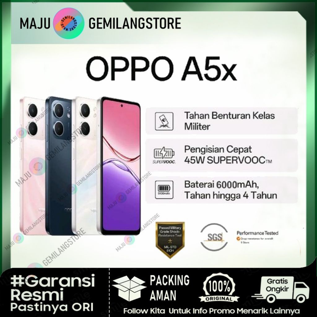 OPPO A5x [Ram4+128] [Ram6+128] Snapdragon® 6s 4G Gen 1|6,67"|ColorOS 15.0| garansi resmi indonesia
