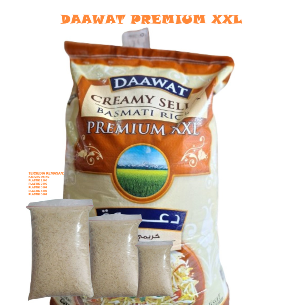 

Beras Basmati Daawat Premium xxl Kemasan Repack 5kg Basmati Creamy Sella Rice