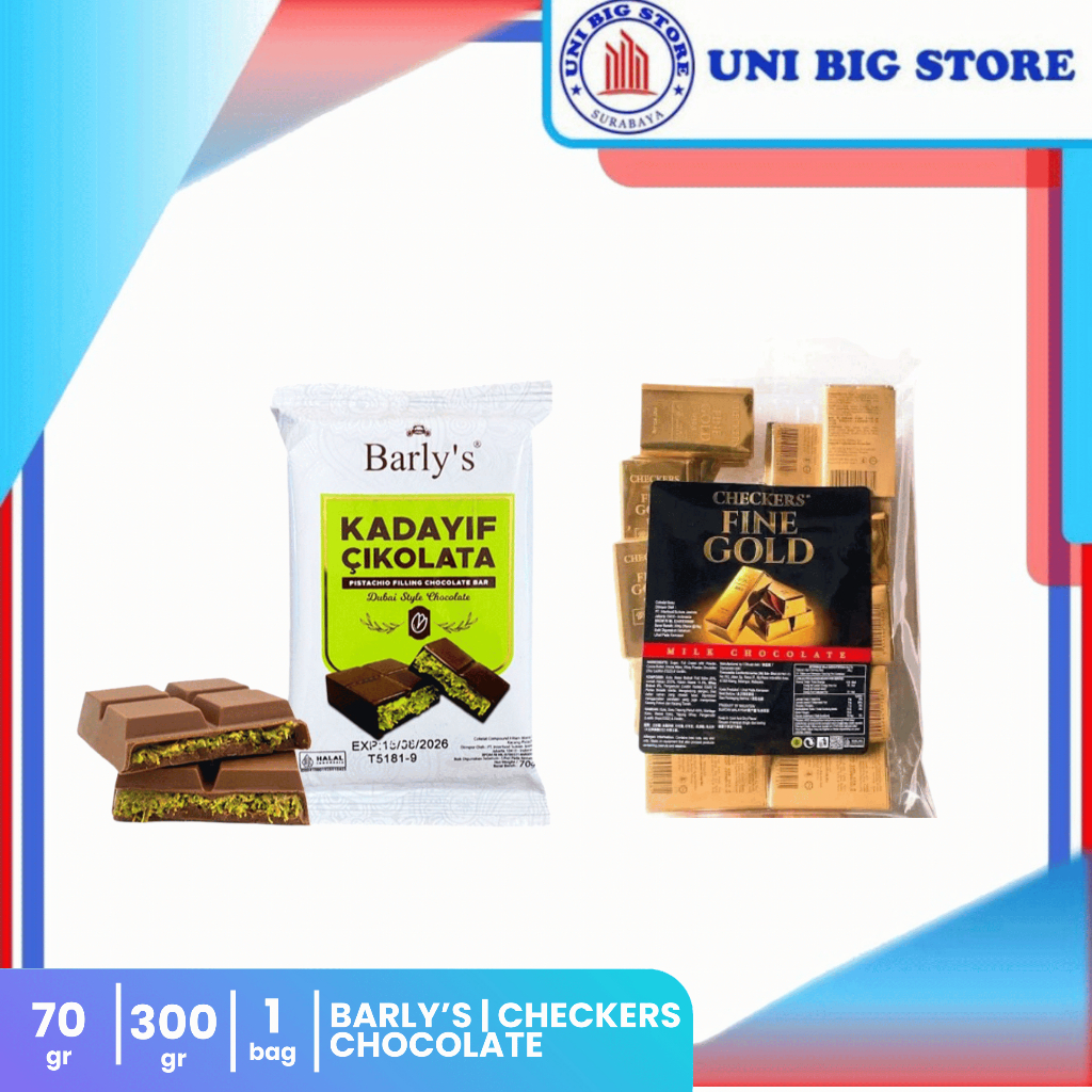 

Barly's Kadayif Cikolata Pistachio Filling Chocolate Bar 70 gr | Checkers Fine Gold Milk Choco 400 gr Cokelat Coklat Dubai Emas