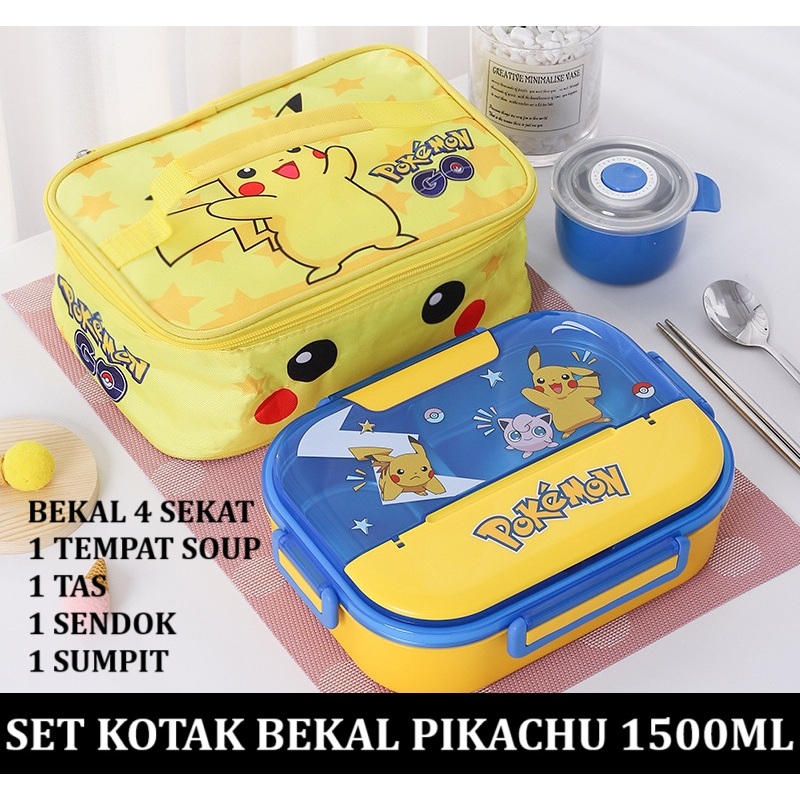 1 SET 5in1 Kotak bekal 3 sekat stainless 304 1500ml Pokemon Pikachu original import tempat makan sia