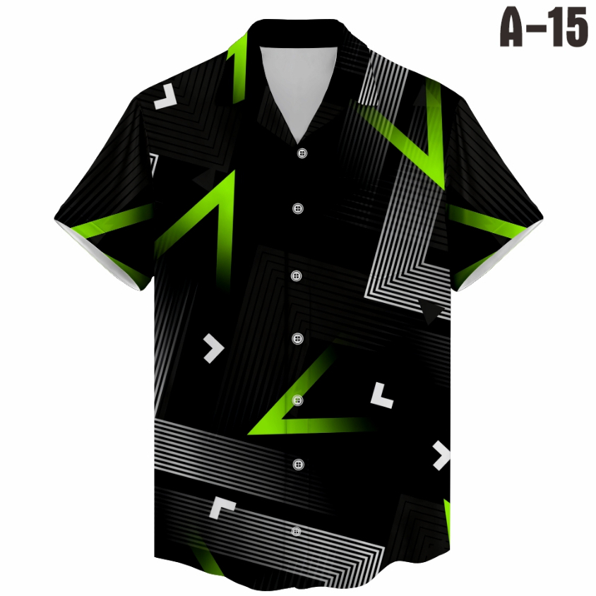 Kemeja Kasual Pria Motif Abstrak Geometris Hijau Putih A-15 tangan Pendek & Panjang