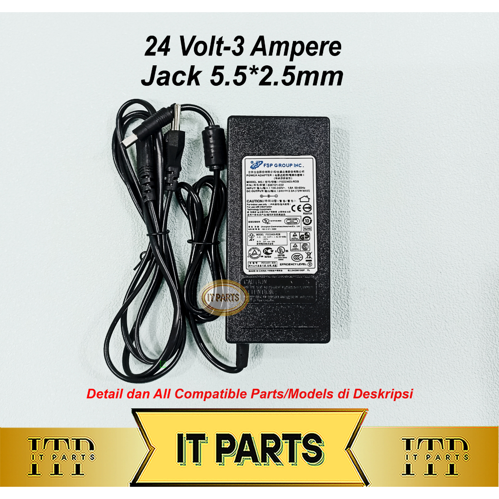 Adaptor 24V 3A Power Supply Adaptor 24 Volt 3 Ampere 5.5x2.5 FSP Group Inc.