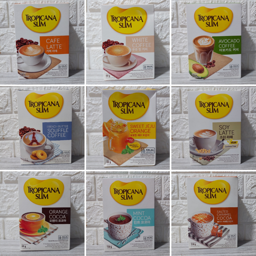 

TROPICANA SLIM All Varian Sachet Cafe Latte White Coffee Avocado Coffee French Butter Souffle Soy Latte Sweet Jeju Orange Cocoa Mint Cocoa Saltec Caramel Cocoa