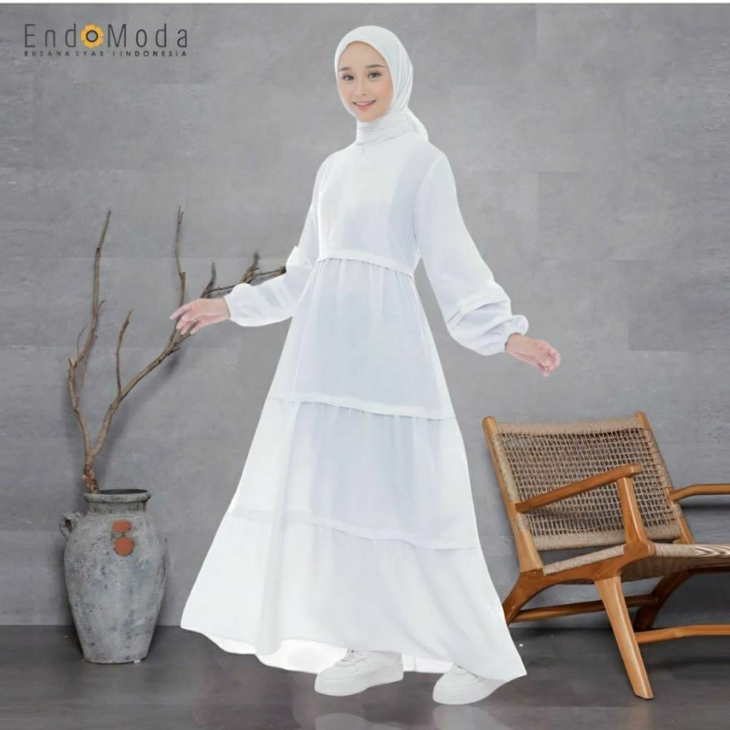 baju gamis wanita muslimah haji dan umroh putih polos jacquard dress haira II endomoda