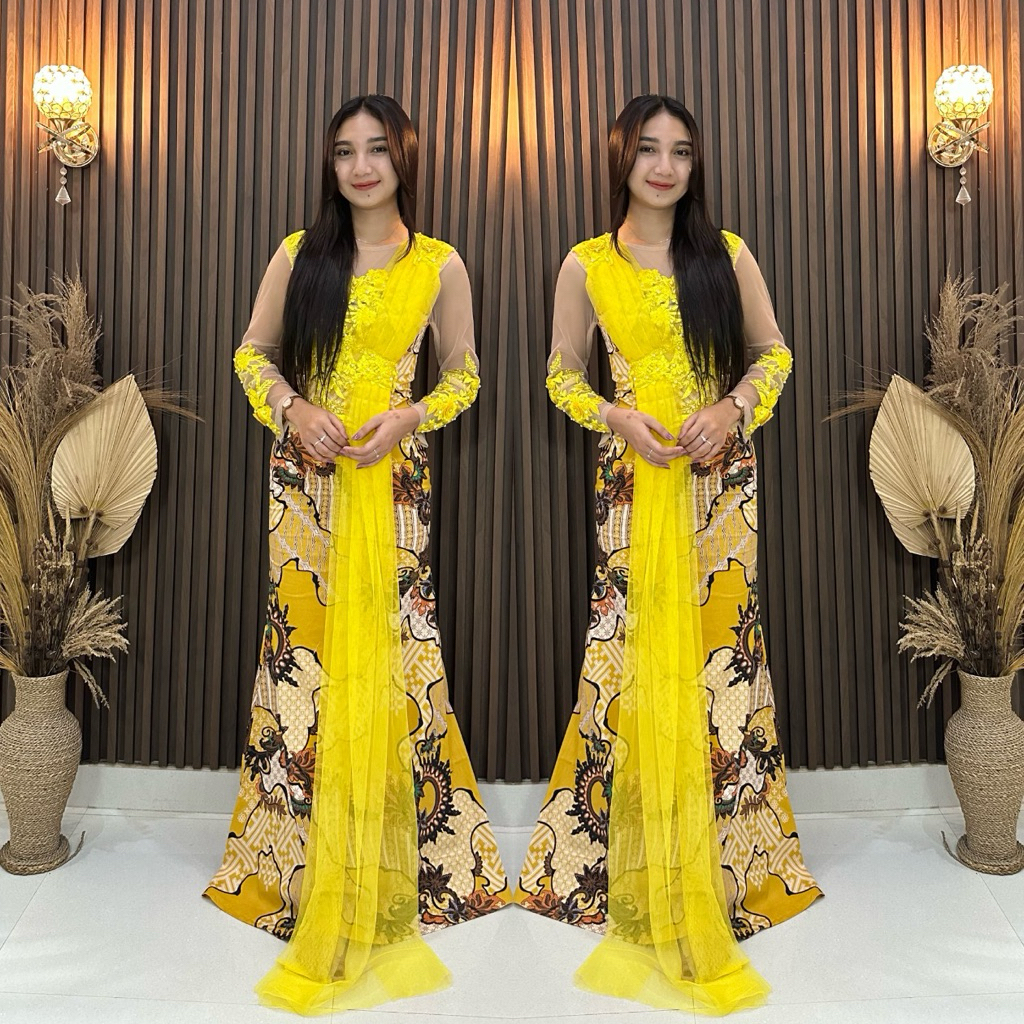 REVALINA-0001|| Longdress Duyung Batik Strech komb Tile || Dress kondangan modern ||  Wanita Baju Ba