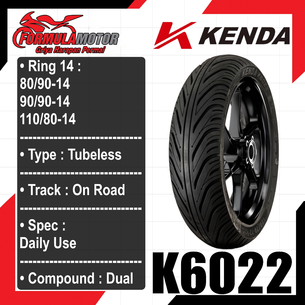 Kenda K6022 Ring 14 Tubeless All Size - Ban Tubles Motor Matic Ukuran 80/90, 90/90, 110/80