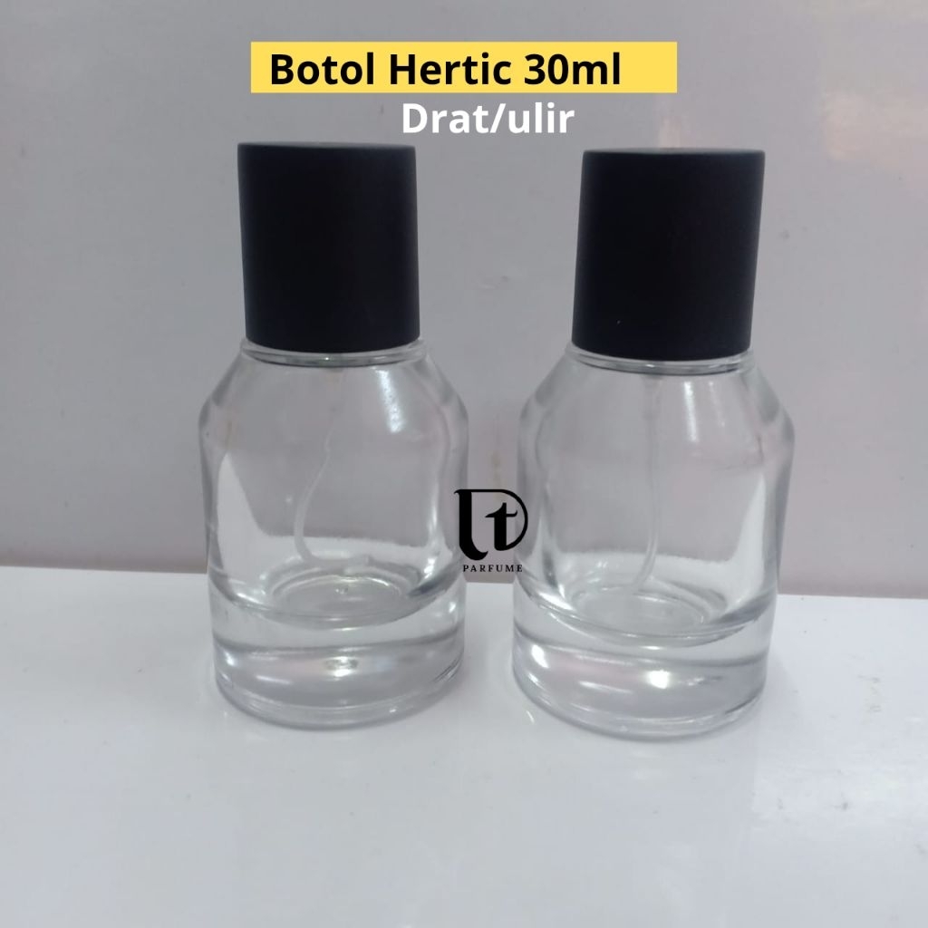 (1 LUSIN ) Botol Parfum Kosong Hertic 30Ml tutup Hitam Spray Drat/Ulir Tutup Hitam