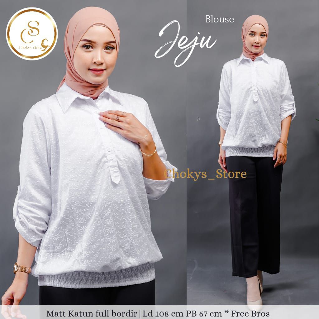 (BONUS BROSS) - Blus putih bordir mewah l Atasan wanita kerja | Kemeja putih kerja | Blus bordir