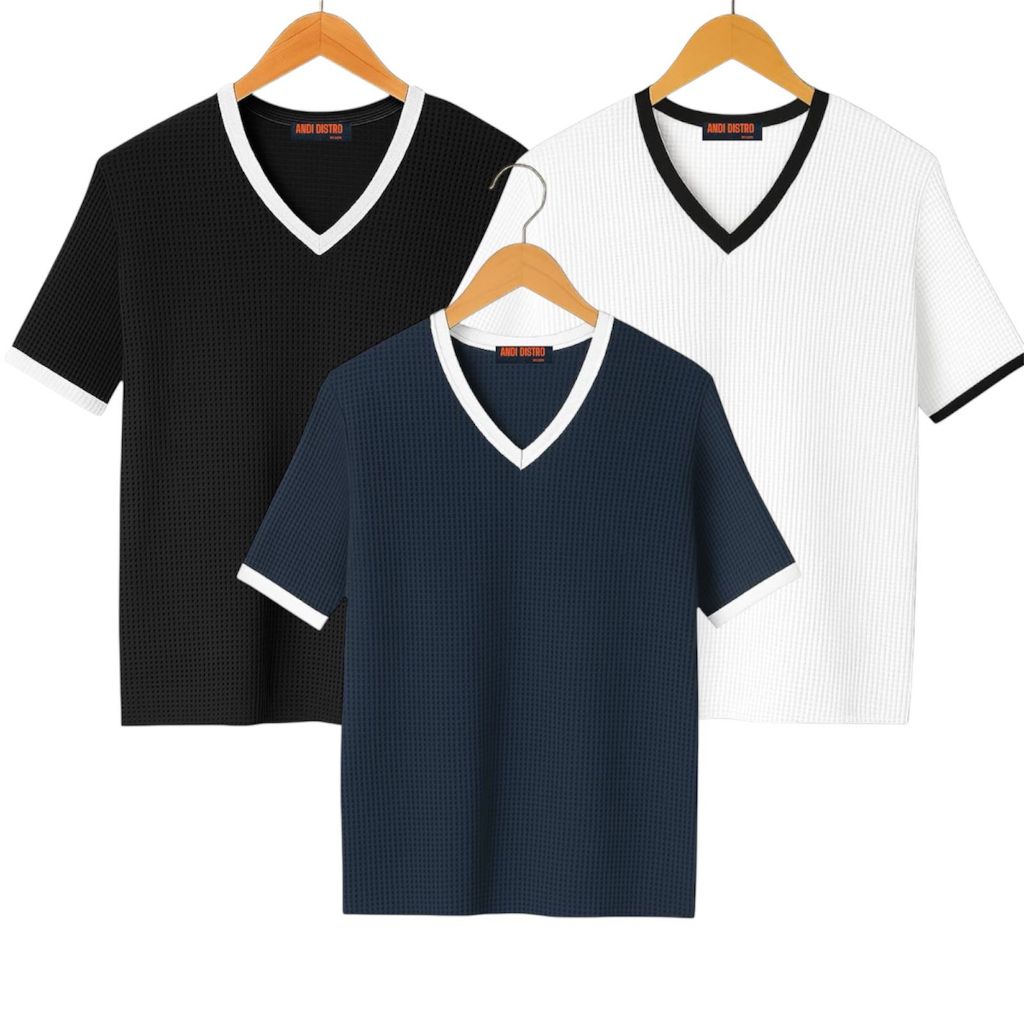 PAKET 3 PCS kaos knit waffle premium V-NECK lengan pendek pria / kaos waffle KRAH V-NECK Kombinasi u