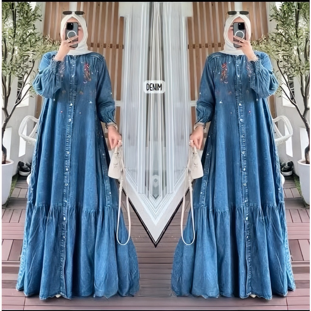COD~Shefty Gamis Jumbo Baju Gamis Jeans Bordir Wanita Jumbo Terbaru/Gamis Bordir Dress Denim Jumbo W
