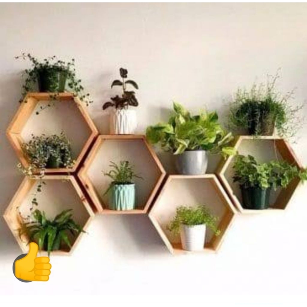 Rak dinding HEXAGONAL / rak kayu hexagonal / rak astetik / rak segi enam