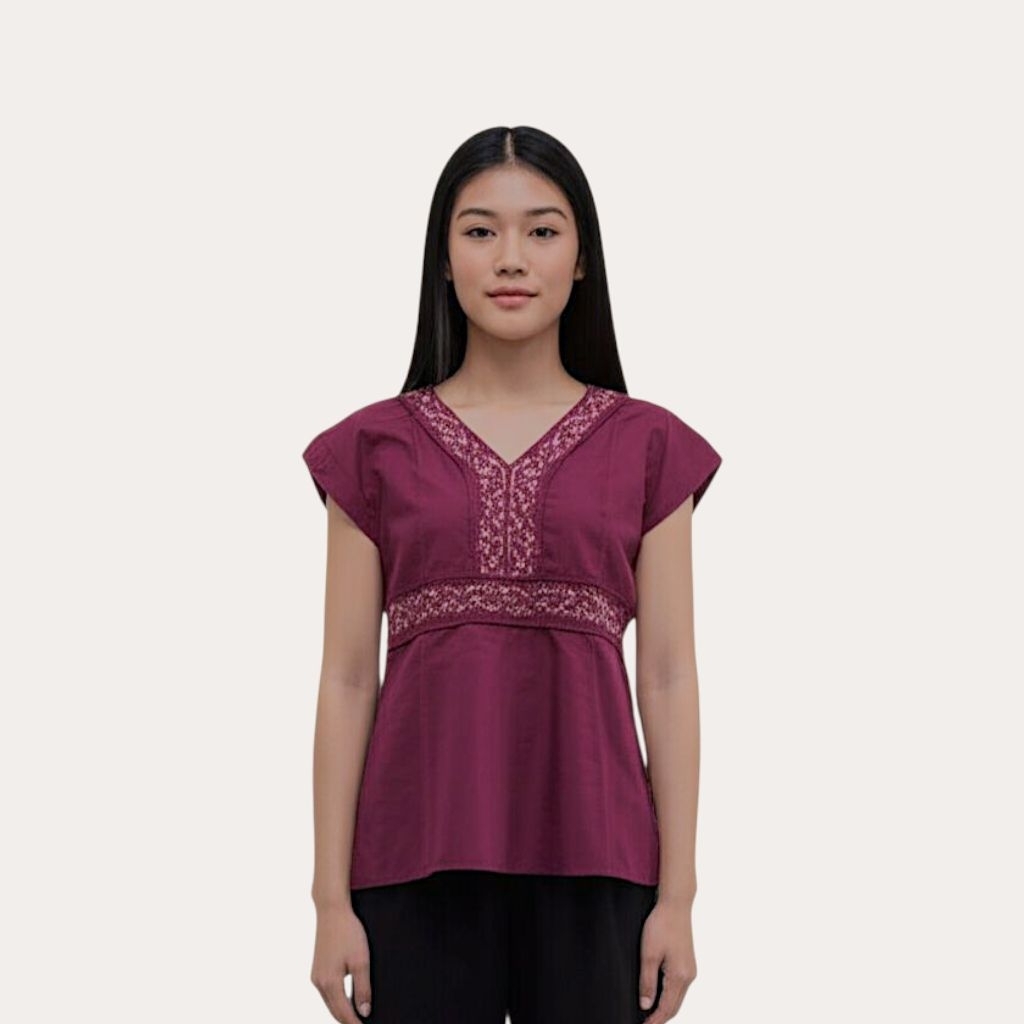 [Preloved] 041 Salma Top | Baju Atasan Wanita Lengan Pendek V Neck Maroon
